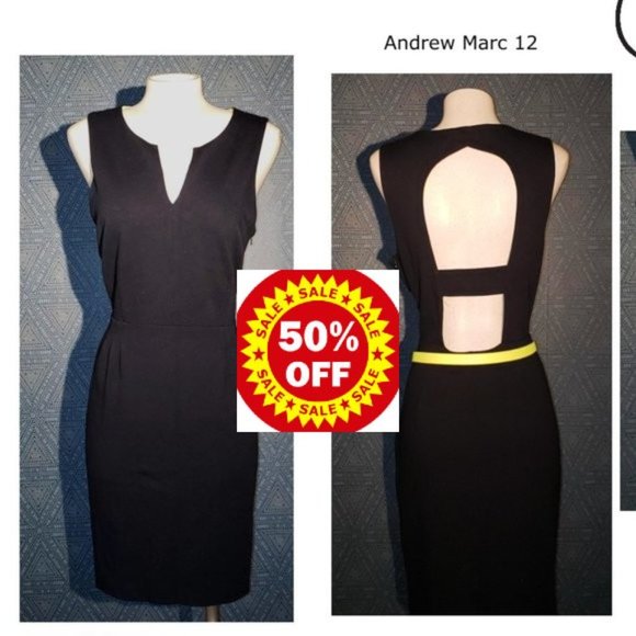 Andrew Marc black dress neon lime lining open back - Picture 2 of 11